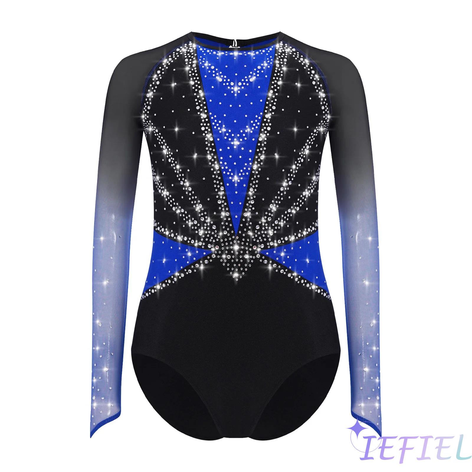 Rhinestone Banding Trim - الفتيات الجمباز ثياب بقماش شفاف طويل