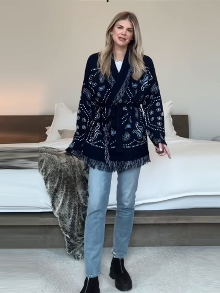 Tassel Fringe Trim - كارديجان أنيق مطبوع بشراشيب للنساء لخريف
